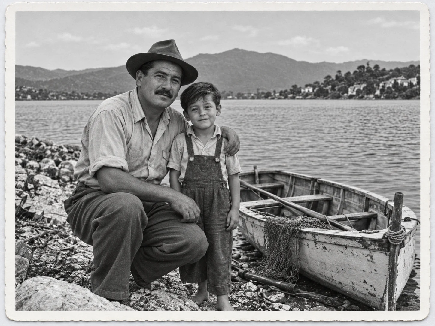 Restored: the same family photograph in clean black and white, damage repaired