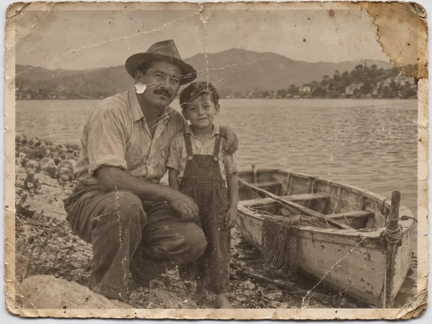 Original: a faded, damaged sepia photograph of a family, with scratches and stains